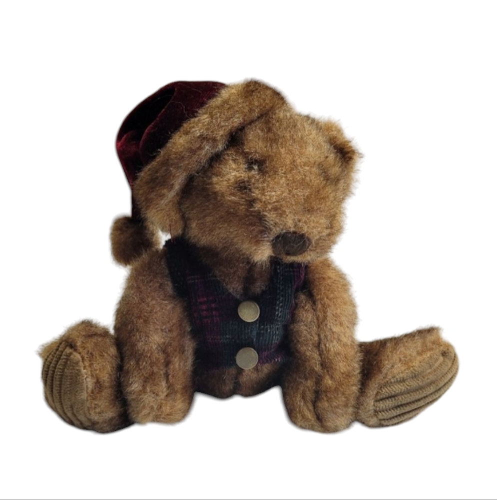 Vintage Schmidt Cannon Santa Teddy Bear Wearing a Plaid Vest & Santa Hat